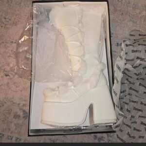 Demonia White Faux Fur Platform Knee Boots with Lace-Up Front